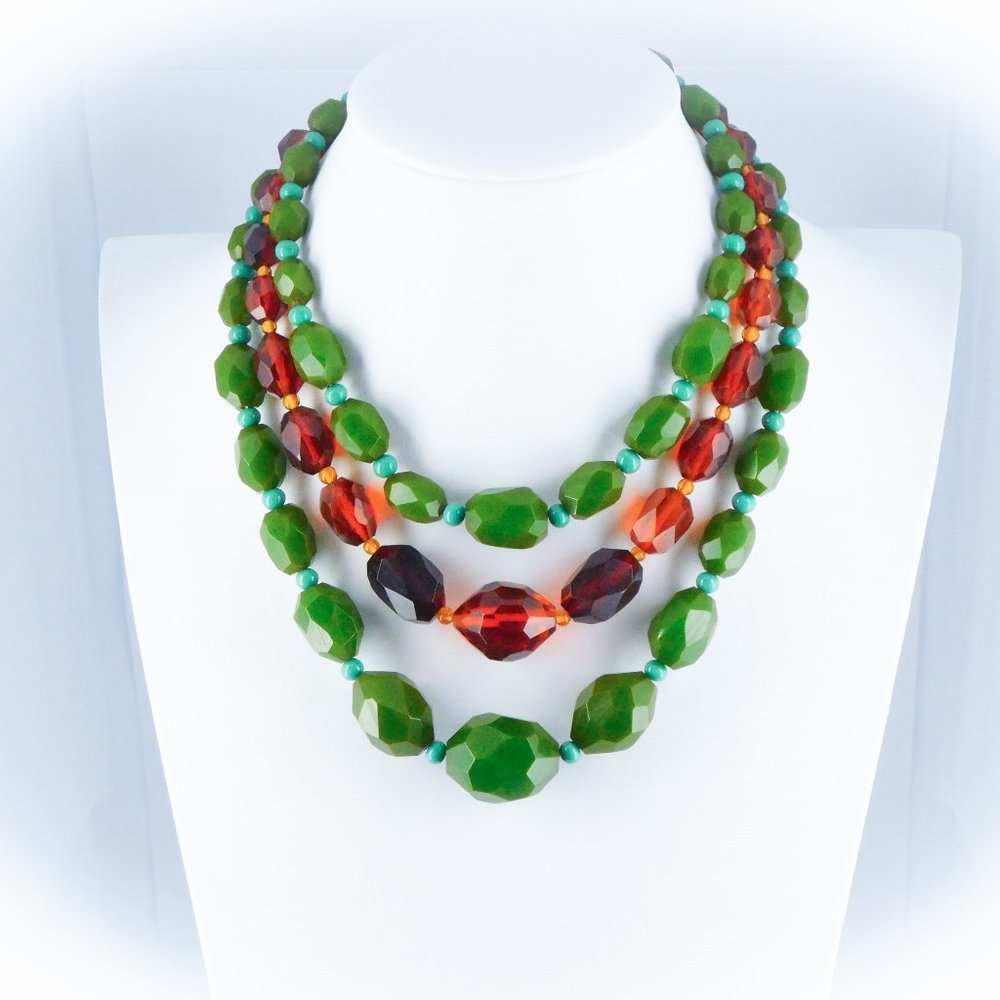 Vintage/Antique Bakelite 3 Strand Necklace Faceted Beads, 30s/40s